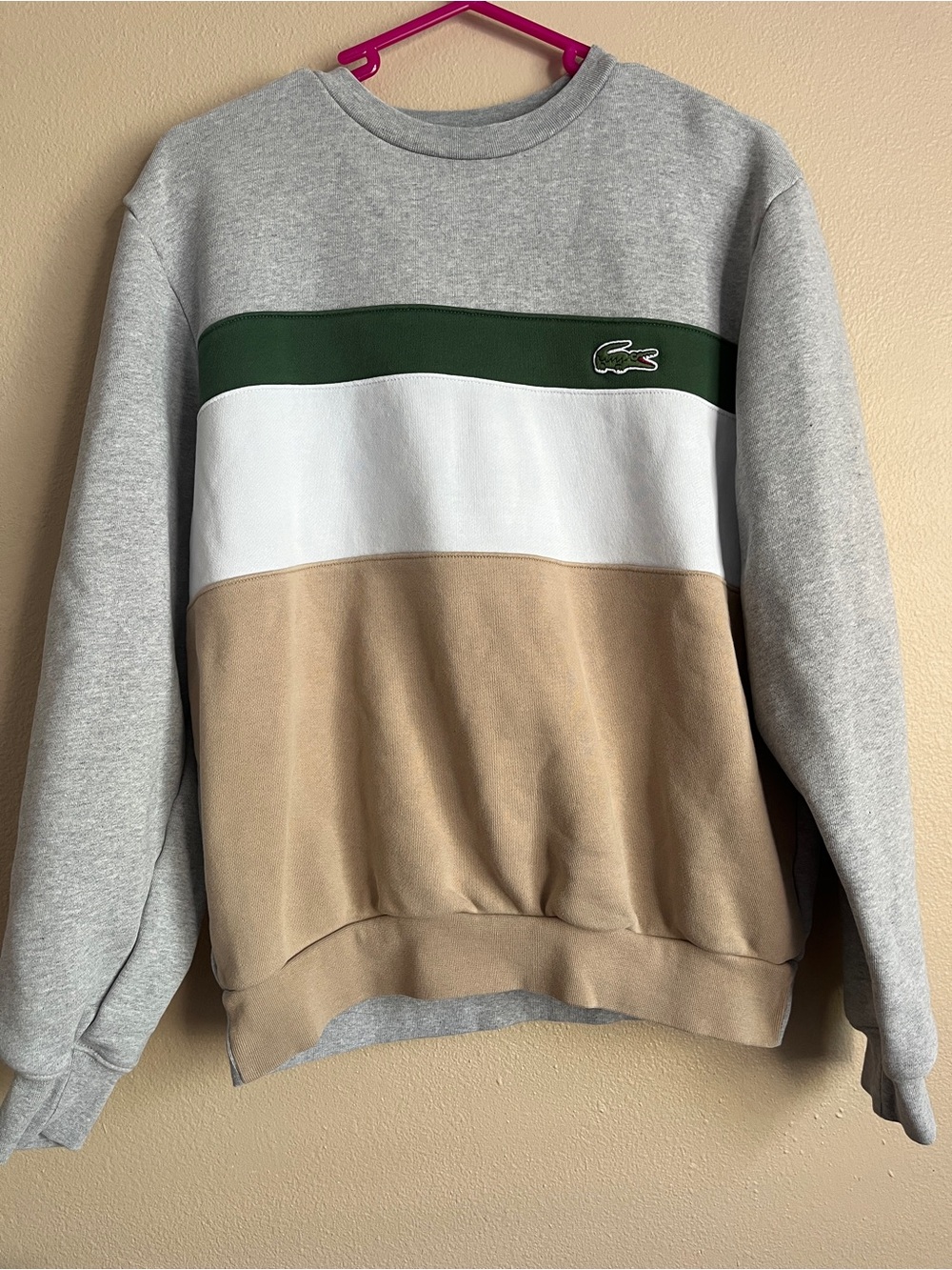 Lacoste Grey Crewneck Sweater with Green, White & Tan Stripes